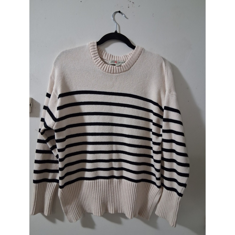 Love Change Italy Womens Large Striped Crew Neck Knit Sweater Ivory Black Ribbed